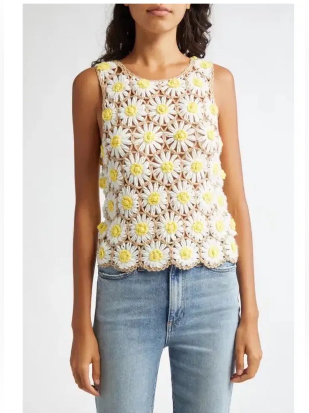 Alice + Olivia Beige Crochet Daisy Tank with Yellow & White Flowers